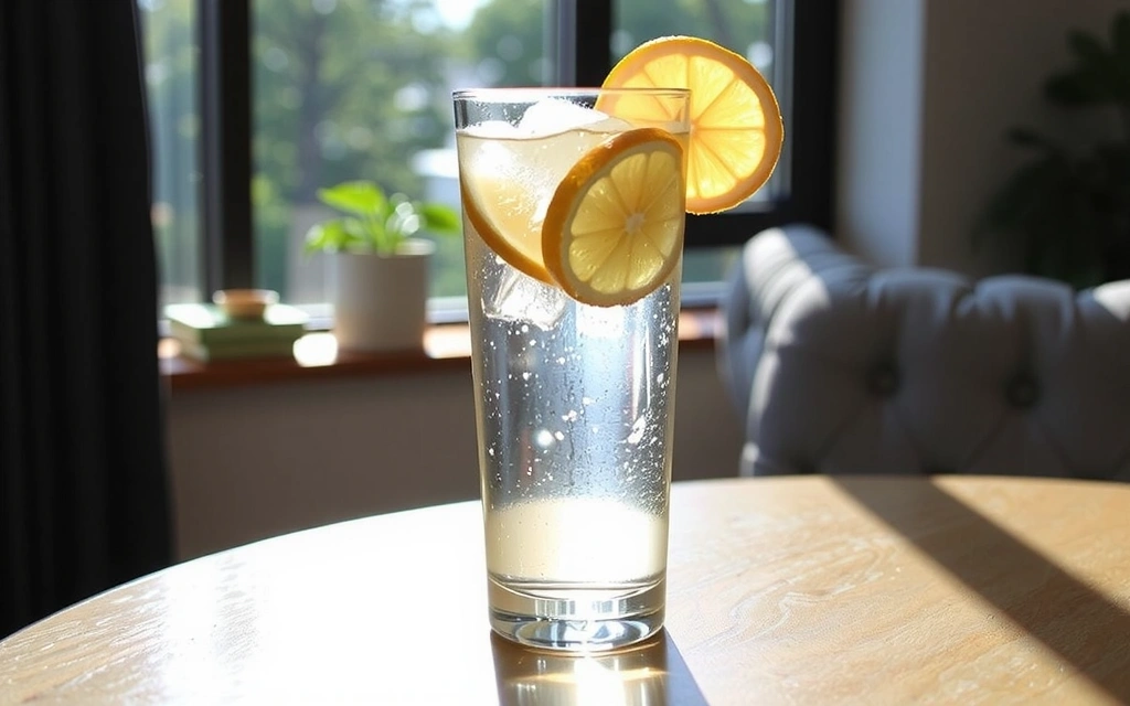 Pahar cu apă rece și lămâie pe o masă, cu o lumină naturală, sugerând prospețime și hidratare