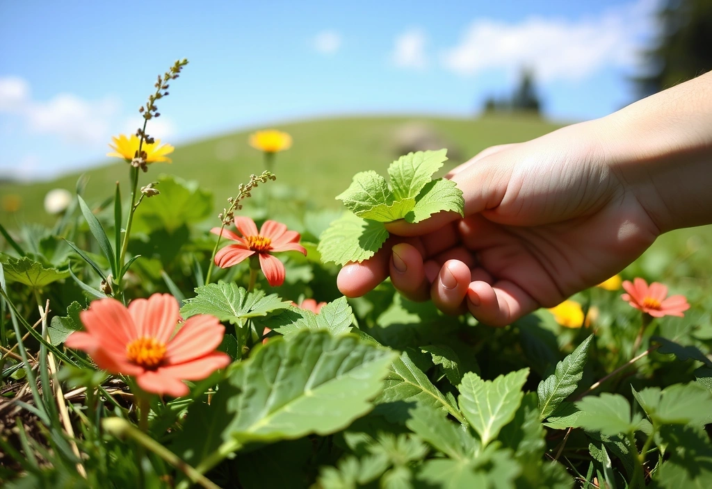 Mână culegând plante proaspete în munți