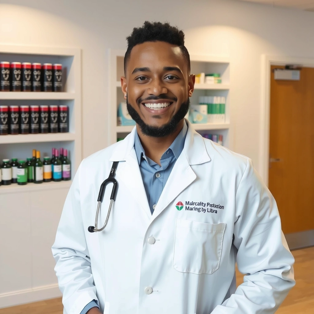 Portretul unui farmacist zâmbitor